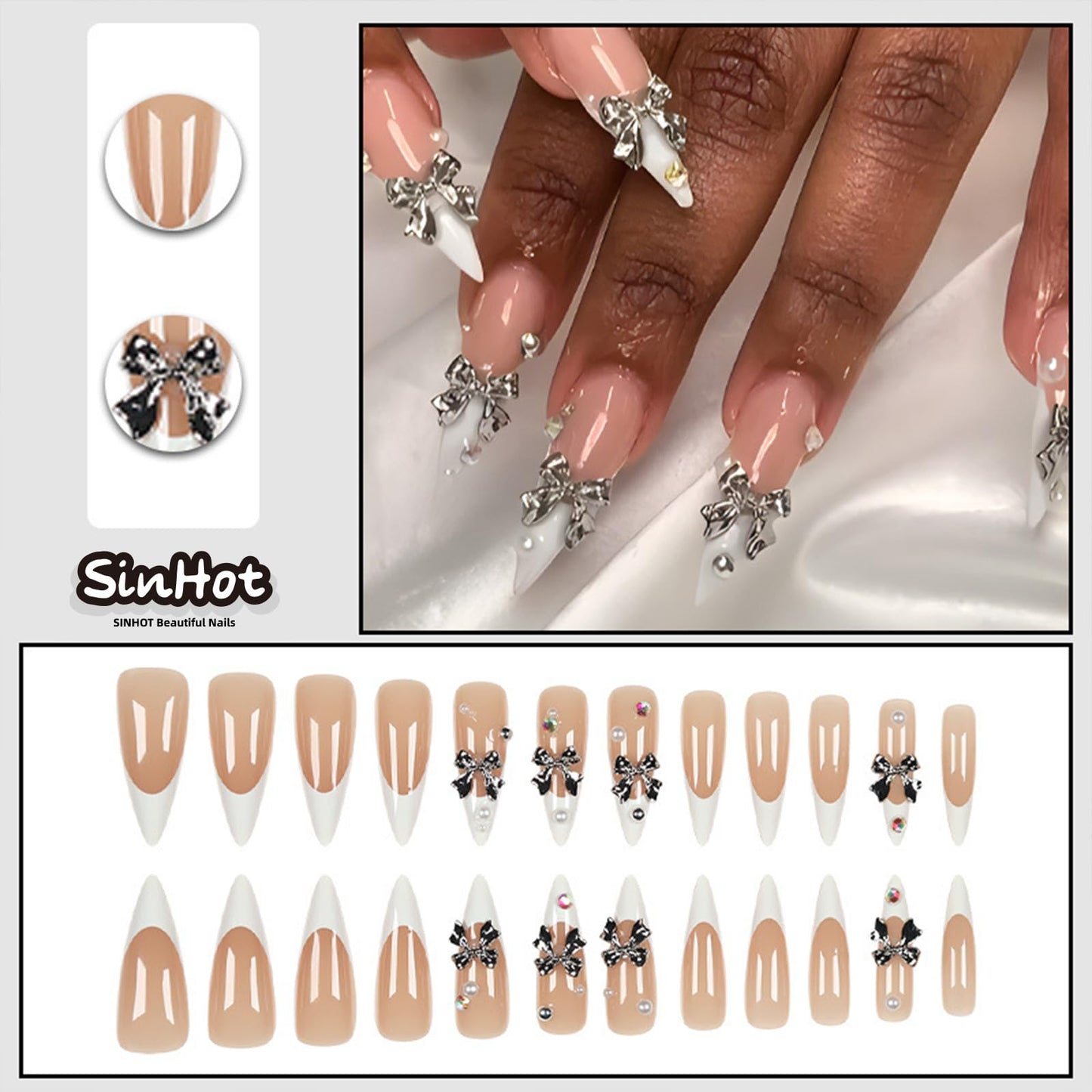 SINHOT Stiletto Press on Nails Long Fake Nails Glossy Glue on Nails 3D Silver Bowknot Acrylic Nail White French Tip Almond Artificial Nail Rhinestones False Nail with Design 24 pcs