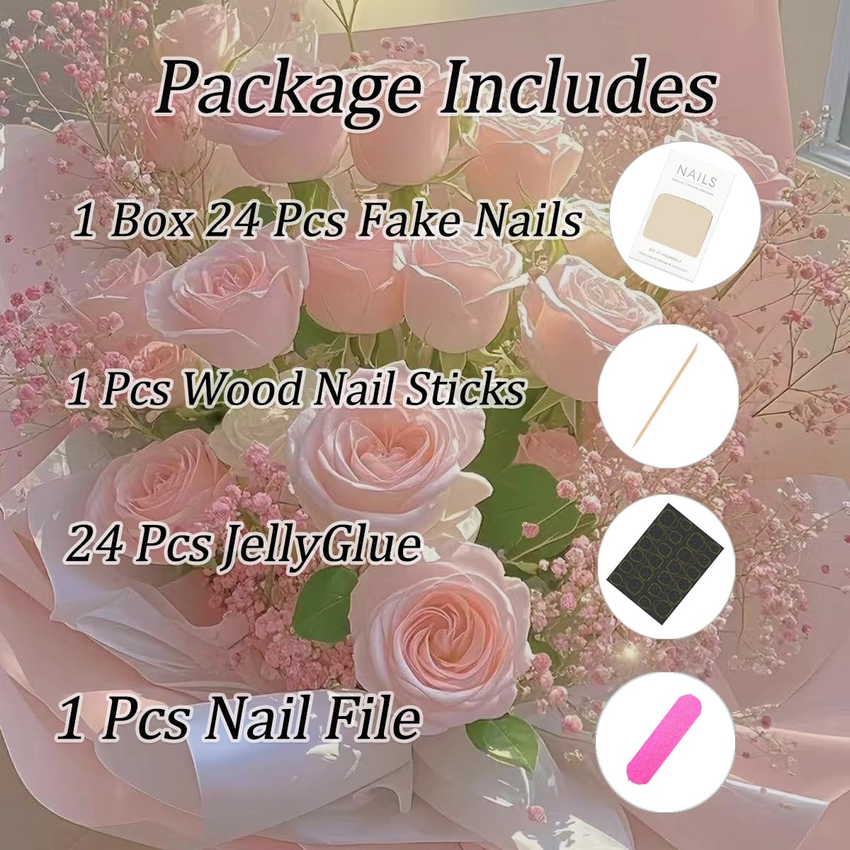 Long Almond Press on Nails French Tip Pink Fake Nails Bow Rhinestones with Strawberry Pattern Design Pearl False Nails Heart Stick on Nail Full Cover Reusable Acrylic Nail Art for Women 24 Pcs