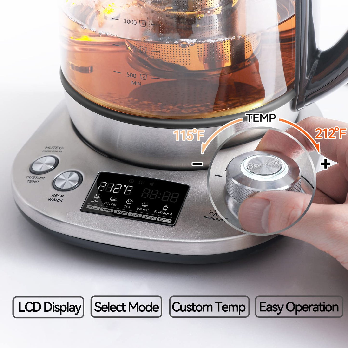 Mecity Electric Tea Kettle with Removable Infuser, 9 Preset Brewing Programs, Temperature Control, 2 Hours Keep Warm, Borosilicate Glass, 1.7 Liter, 1200W