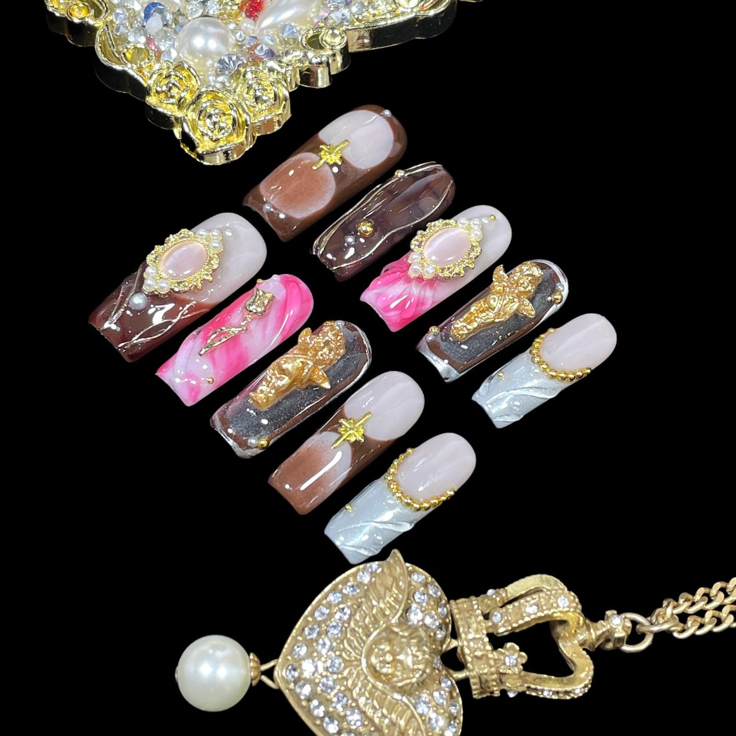 Handmade Press On Nails Vintage Style Gold Angel & Flower Design with Amber Print, Medium/Long Square Shape Acrylic False Nails, Reusable Luxury Retro Nail Art (Cherub, L)