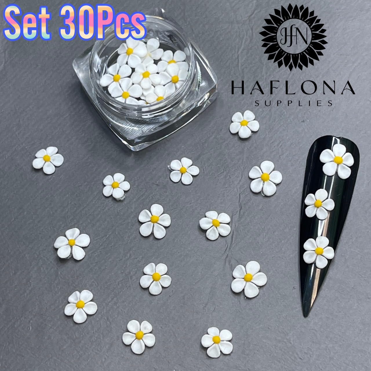 Set 30Pcs White 3D Flowers for Nails, Handmade 3D Acrylic Flowers for Nails, Flower Nail Charms Rhinestones Gems by Acrylic Powder Design Deco Nail Art Women Girls (White+Yellow pistil-30Pcs)