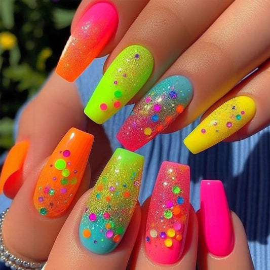 Summer Press on Nails Medium Coffin Fake Nails Gradient Colorful Polka Dot Press on False Nails Rainbow Glossy Full Cover Stick on Nail Reusable Artificial Glue on Nail for Women 24Pcs