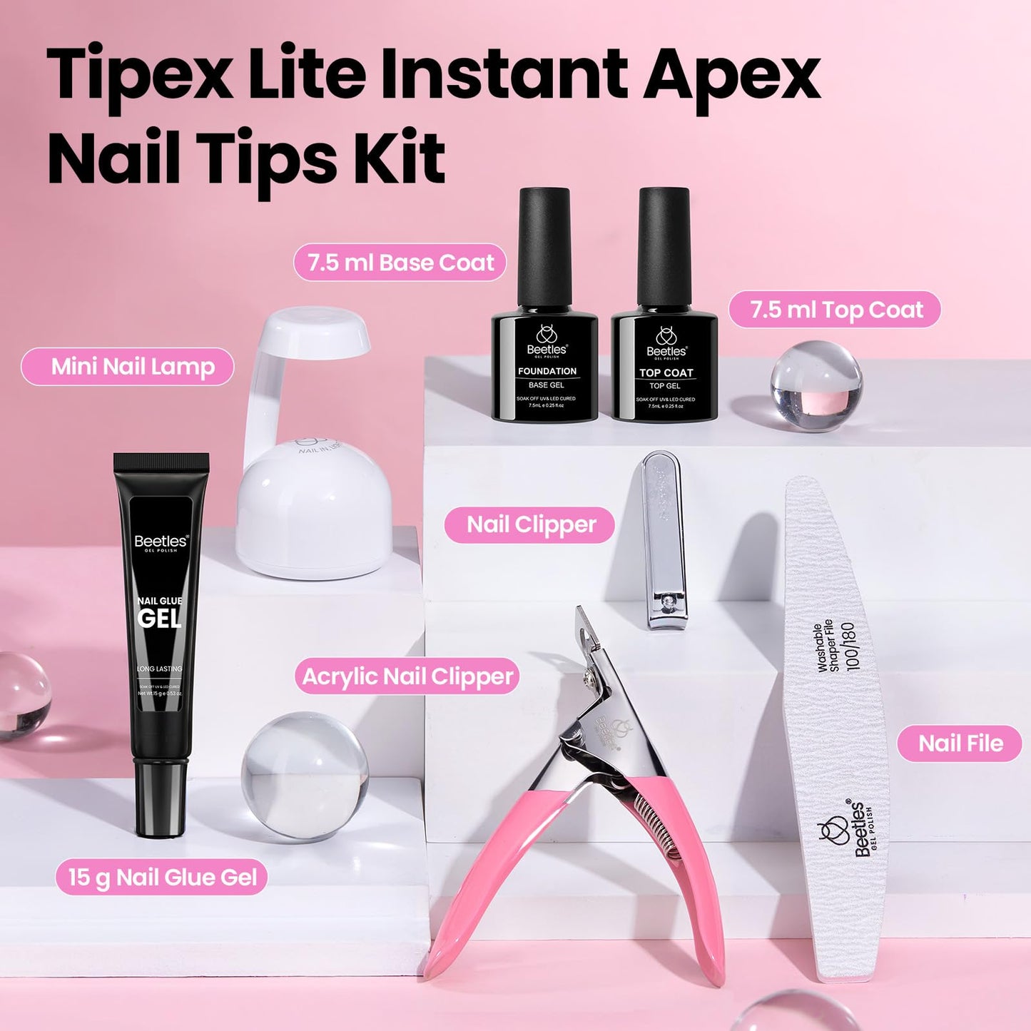 Beetles Tipex Lite Apex Nail Tips Kit, Stiletto Medium,192pcs 16 Sizes, with UV Nail Glue, Base & Top Coat, Mini Nail Lamp, Nail Clipper & Cuticle Nipper, Pre-Building Pre-Etched