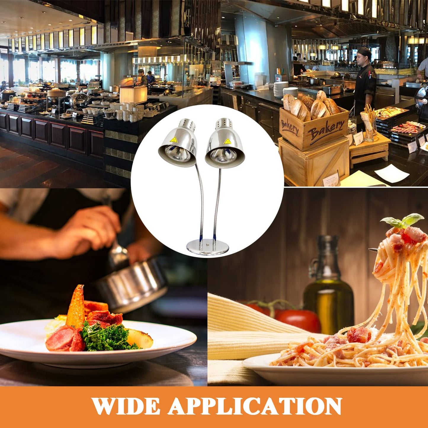 KOUWO Food Heat Lamps with Dual 250w Bulbs Food Warmer Lights Food Heating Warmer Lamp Restaurant Kitchen Buffet Warmer Table (Double Head)
