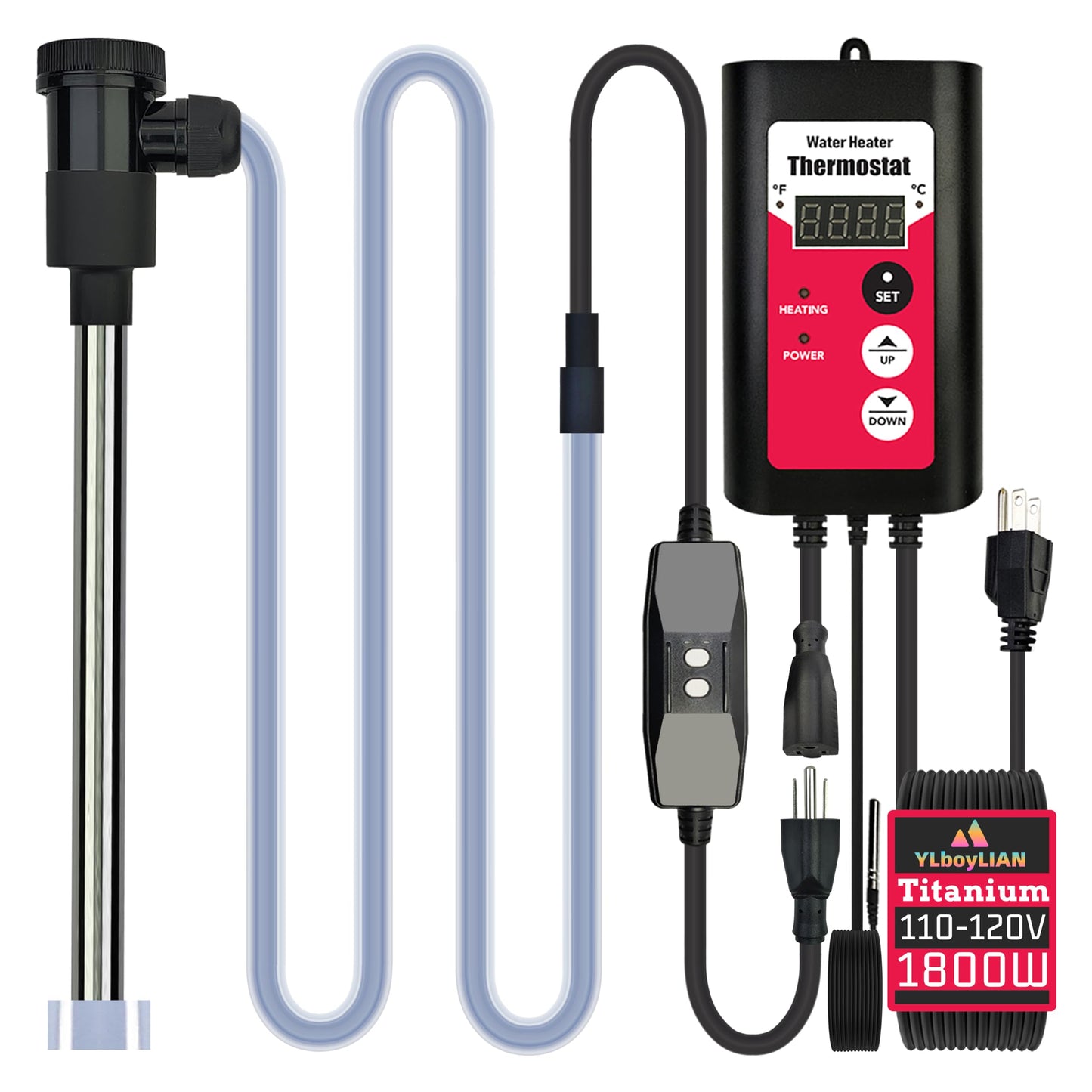 YLboyLIAN 1800W Titanium Submersible Electric Immersion Water Heater with Temp Control & GFCI – Portable Heater for Hot Tubs, Above-Ground Pools, Inflatable Pools, Baptistry, Spa Tubs & Swimming Pools