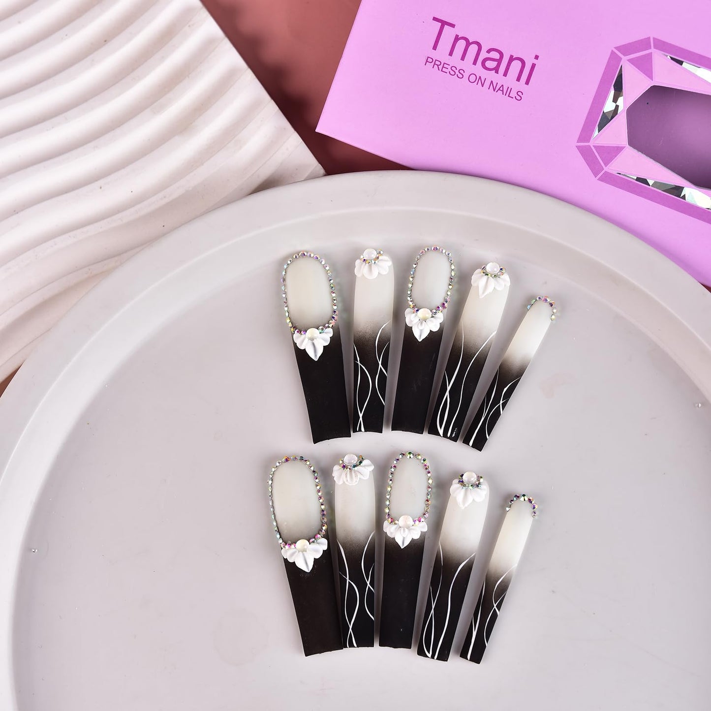 Tmani 10pc/set Extra Long Handmade Press On Nail Hot Girl's Long Ballet Nails Square Nail Full of Diamond Glitter Decoration Fake Nails Suitable For Girls Festival Parties and Birthday Gift (280,M)