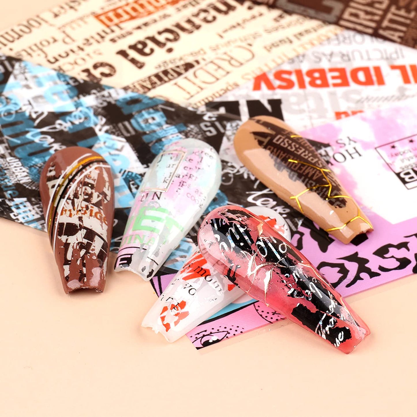 Newspaper Nail Foil Transfer Stickers English Letter Designs Nail Decals Supplies Set Acrylic Nails Sticker Decorations for Nail Transfer Glue Polish, Women DIY Manicure Accessories Set 10Sheets