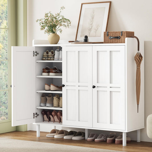 5+2 Tier Shoe Storage Cabinet with 3 Doors, 40" Tall Entryway Cabinet for 30 Pairs Shoe, Shoe Rack Organizer with 5 Adjustable Shelves & Metal Legs, Shoe Storage for Front Door Entrance, White