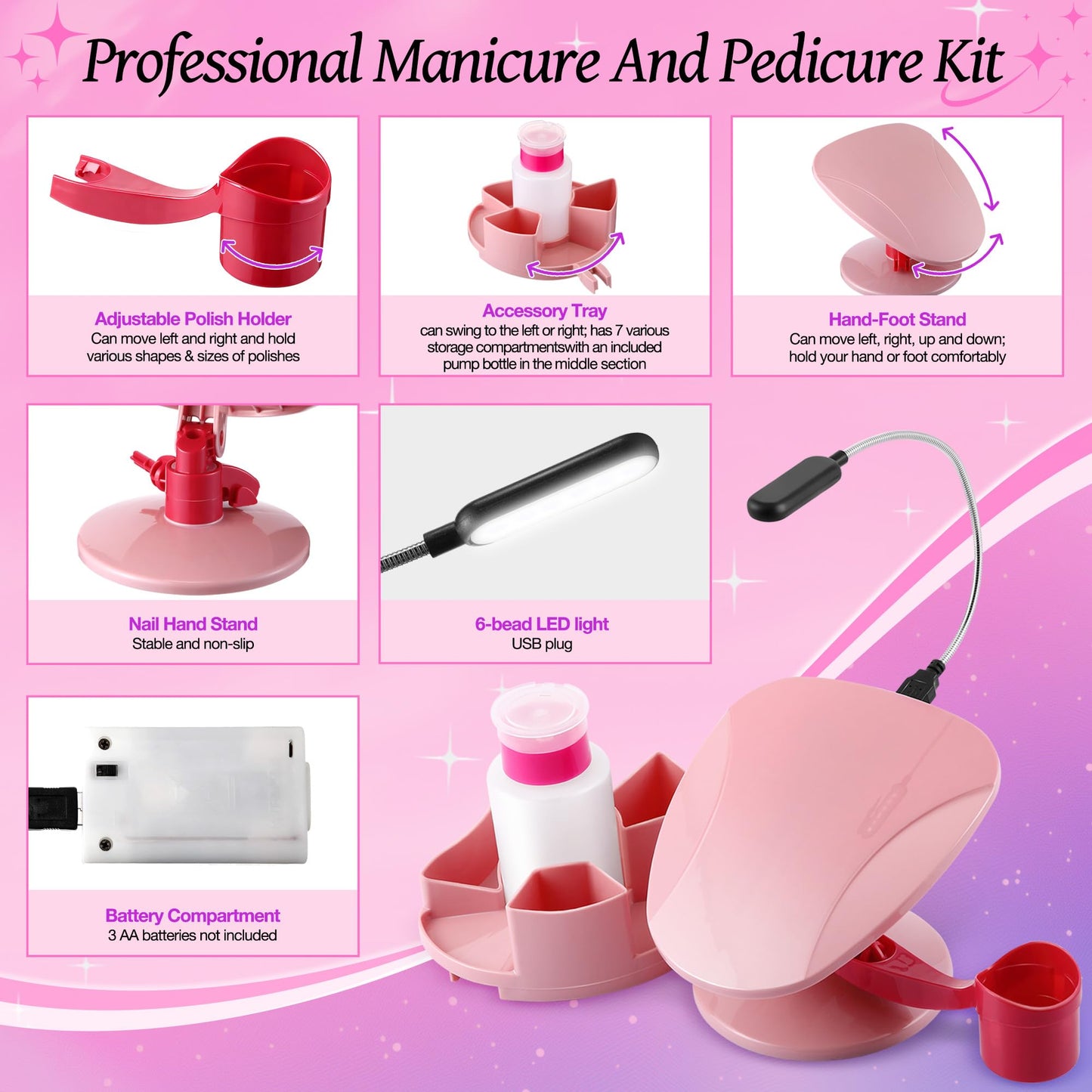 Enhon Manicure Supplies, Nail Stand Hand Rest for Nails with Multi Angle & Polish Trays, Manicure Set 3 Pieces & LED Lights, Foot Station Supply for Salon Home DIY, Christmas Gifts for Women (Pink)