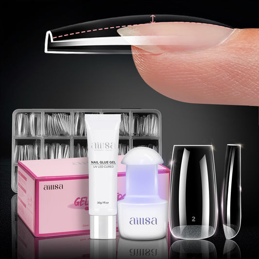 AILLSA Nail Extension Kit Medium Square Nail Tips 224pcs, Upgrade Glue Gel 30g for False Nail Tips, Gel Nail Tips Kit with Portable Mini U V Nail Lamp for DIY Home Salon