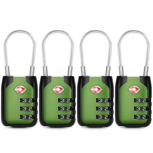 Joyway TSA Approved Luggage Lock, 3 Digit Combination Cable Lock with Alloy Body, Travel Combination Locks for Suitcases, Backpack and Golf Bag (Green, 4Pack)