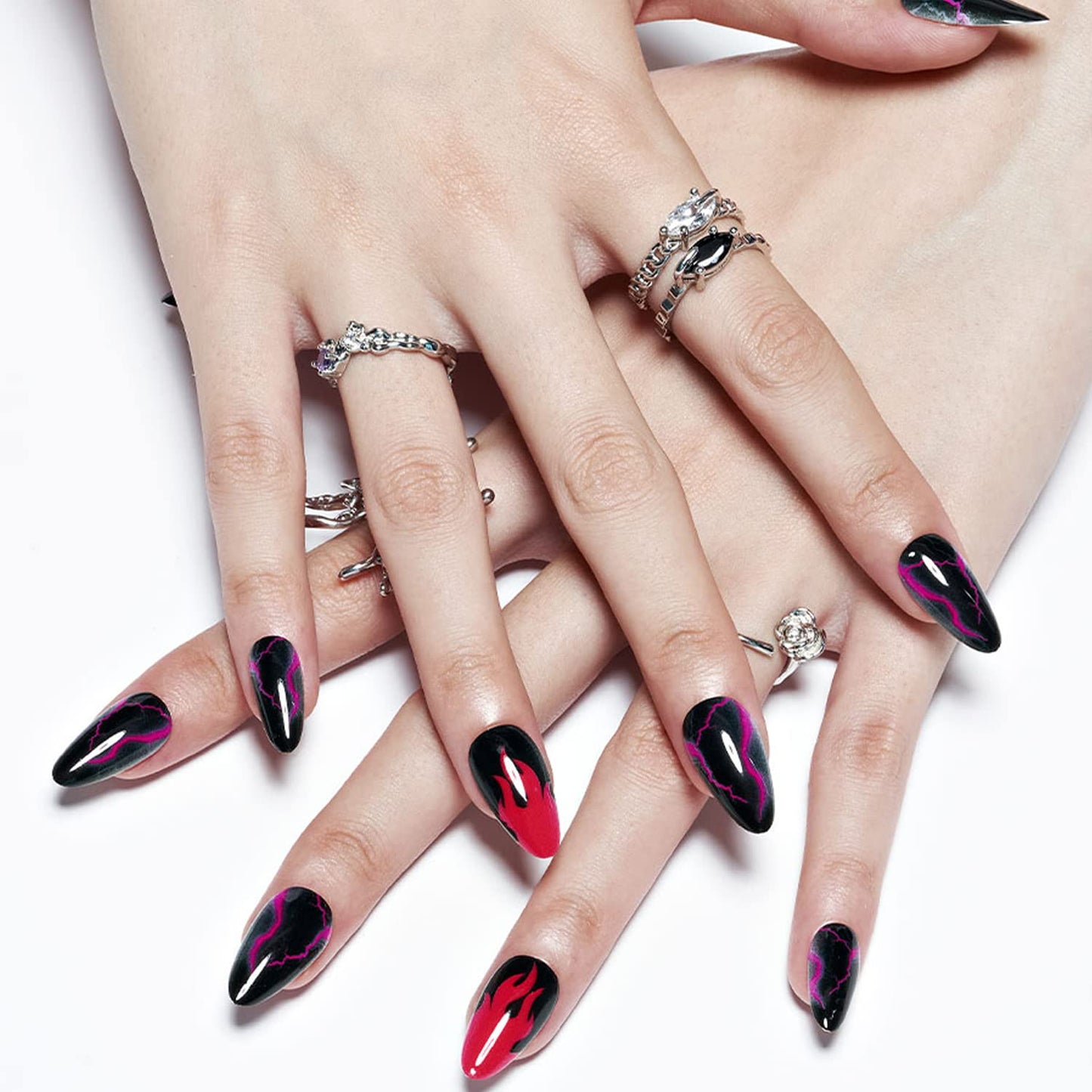 Almond Press on Nails with Red Thunder, GLAMERMAID Black Oval Fake Nails with Design, UV Glossy Finish Cartoon Acrylic False Nail Kits, Fire Stick Glue on Nails Sets Reusable Full Cover Nails for Women Girls Gift, 24Pcs