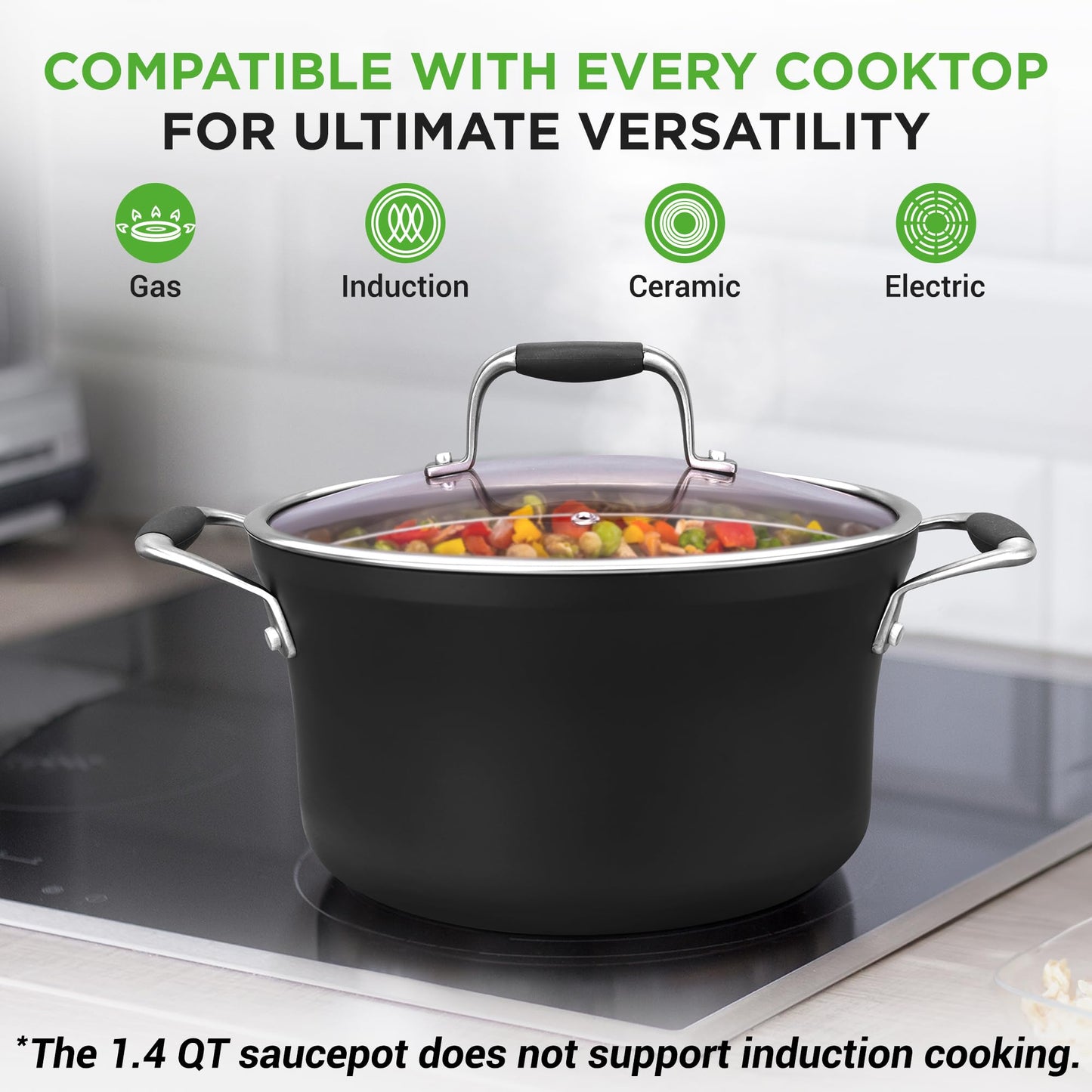 NutriChef 14-Piece Non-Stick Pots and Pans Set - Induction Ready Multi-Sized Cooking Pots with Lids, Small and Medium Frying Pans with Slotted Spatula, Pasta Server, Soup Ladle, Silicone Handles
