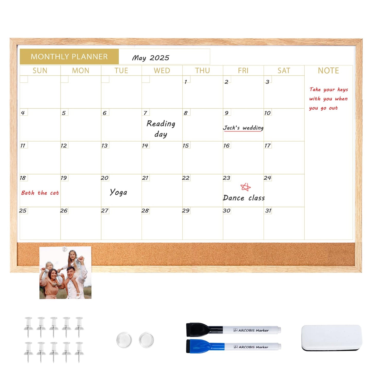 ARCOBIS Calendar Whiteboard with Cork Board, 36"x24" Wood Frame Dry Erase Calendar for Wall, Magnetic Monthly Combination Board for Home, Office, School, Kitchen, Beige
