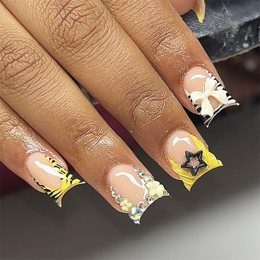 Medium Square Press on Nails, French Tip Fake Nails with Zebra Print & 3D Bow Star Rhinestone Designs Acrylic Nails Press ons Glossy Full Cover Glue on Nail for Women, Summer Manicure, 24Pcs