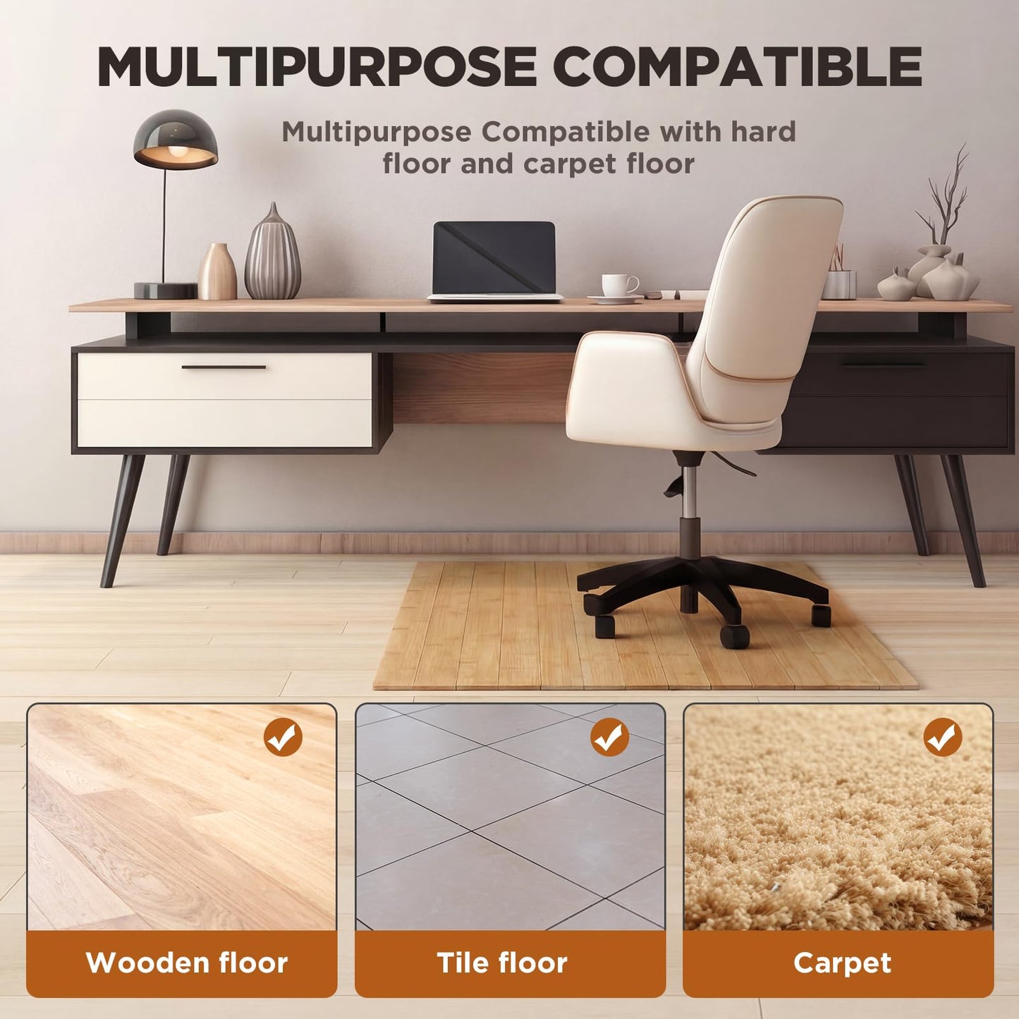 Leinuosen 36" x 48" Office Bamboo Chairmat for Carpet Floor Mat Highly Premium Quality Anti-Slip Office & Home Floor Protector Low Pile Carpet Chair Mat, 5mm Thick(Without Lip,Wood)