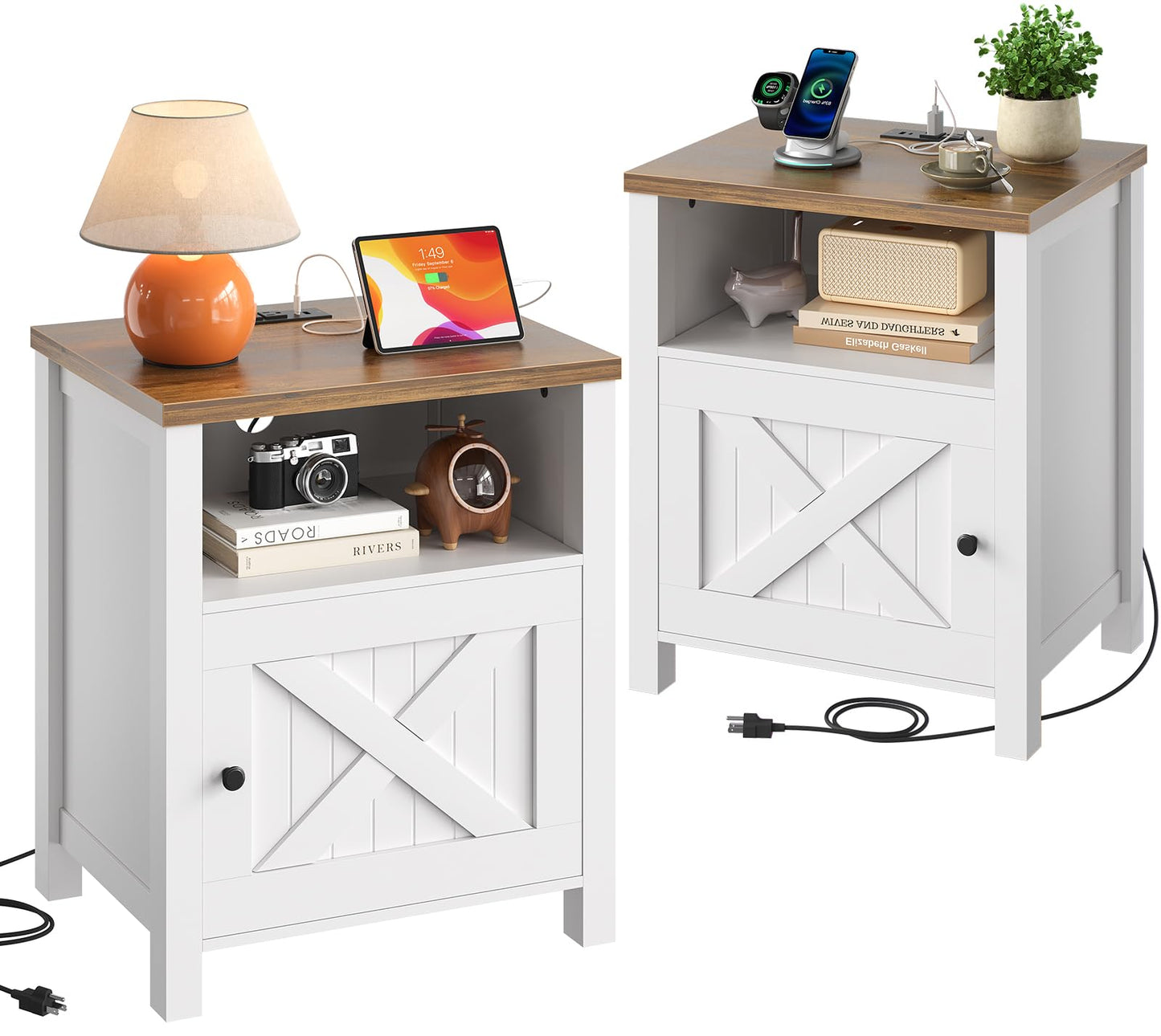 Marsail Farmhouse Nightstand Set of 2 with Charging Station, Wood Bedside Table with USB Port & AC Outlet, Open Shelf and Enclosed Cabinet, Side Table with Storage for Bedroom, Brown and White