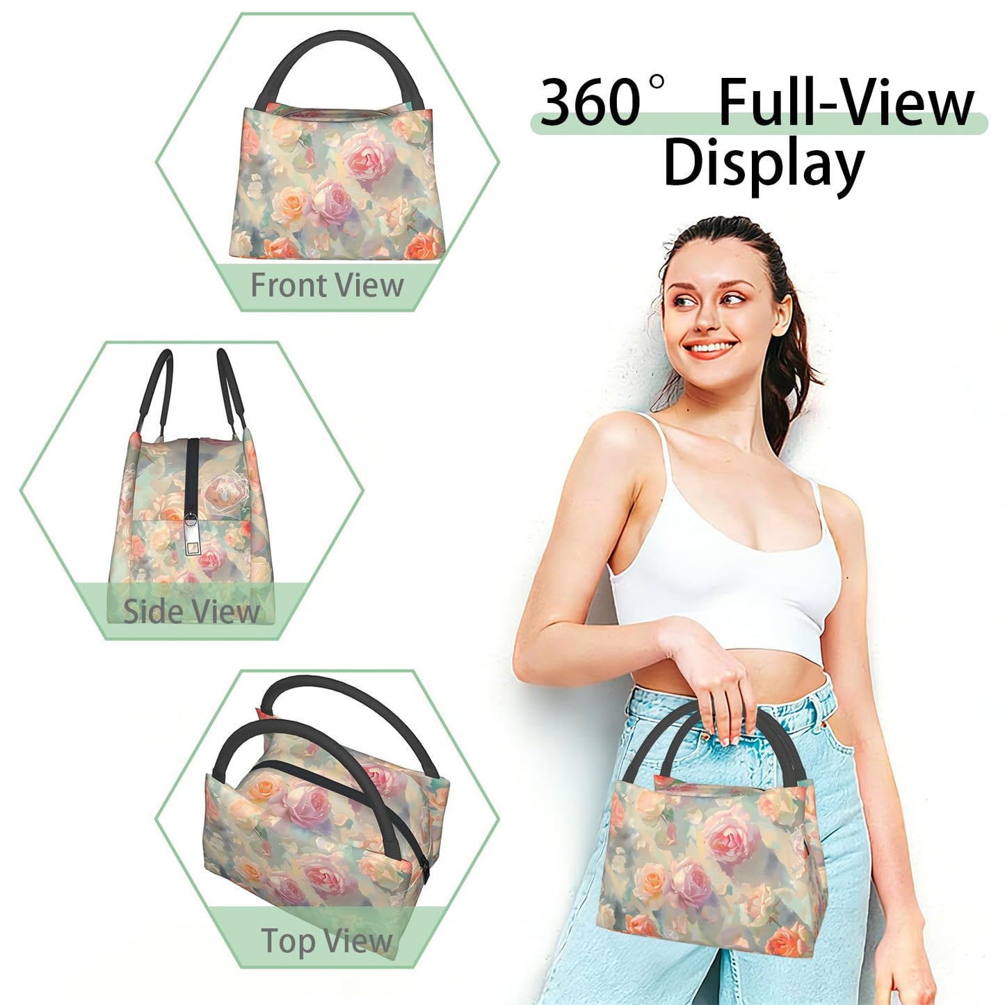 ainori Cherry Blossom Insulated Lunch Box for Girls Women,Reusable Tote Bag with Elegant Flower Branch in Teal,Portable Lunchbox Handbag,Makeup Bags Organizer Gifts for Work Office Travel,11x6.3x6.7in