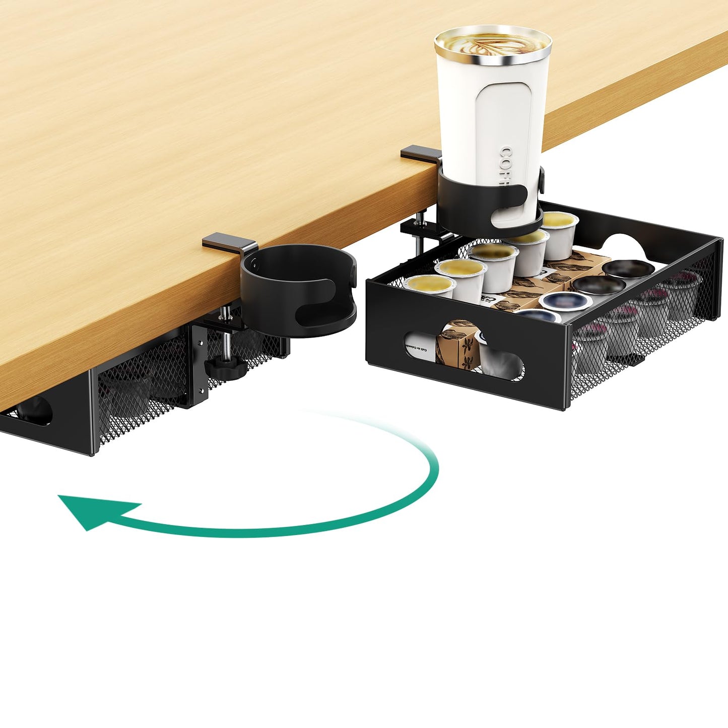 CABTE Desk Cup Holder with Drawer Organizer, Anti-Spill Clip-On Table Cup Hook with 360° Rotation Hidden Storage Box for Office Home Gaming Table (Black)
