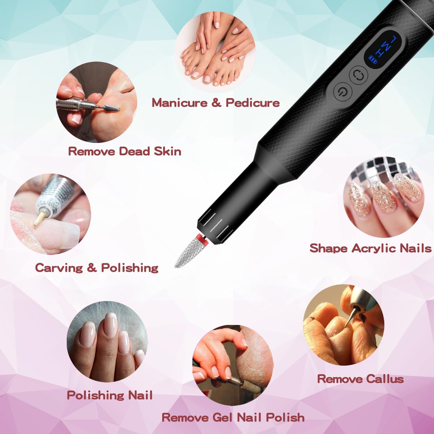 Pinkiou Cordless Electric Nail Drill - 20000RPM Professional Efile Nail Machine with Wireless Charging Base, Portable Rechargeable Nail File Kit for Acrylic, Gel Nails, Manicure & Pedicure at Home
