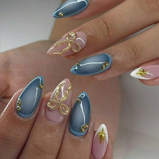 MISUD Press on Nails - Medium Almond Fake Nails with Handmade Gold Charms, Acrylic Blue Ombre Design 24 pcs
