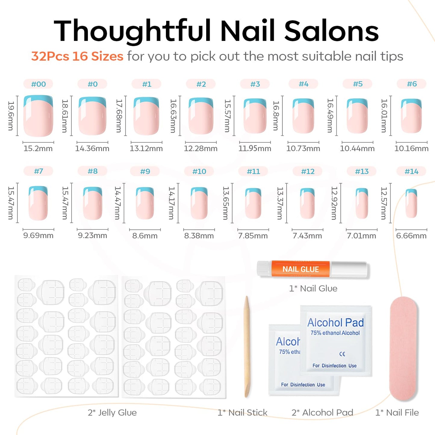 Modelones French Tip Press on Nails Short, Square Fake Nails, Reusable Nail Kit with Nail Glue Adhesive Tabs Mini Nail File, Nails Press Ons 32Pcs 16Sizes, Women Girl Gift, Blue