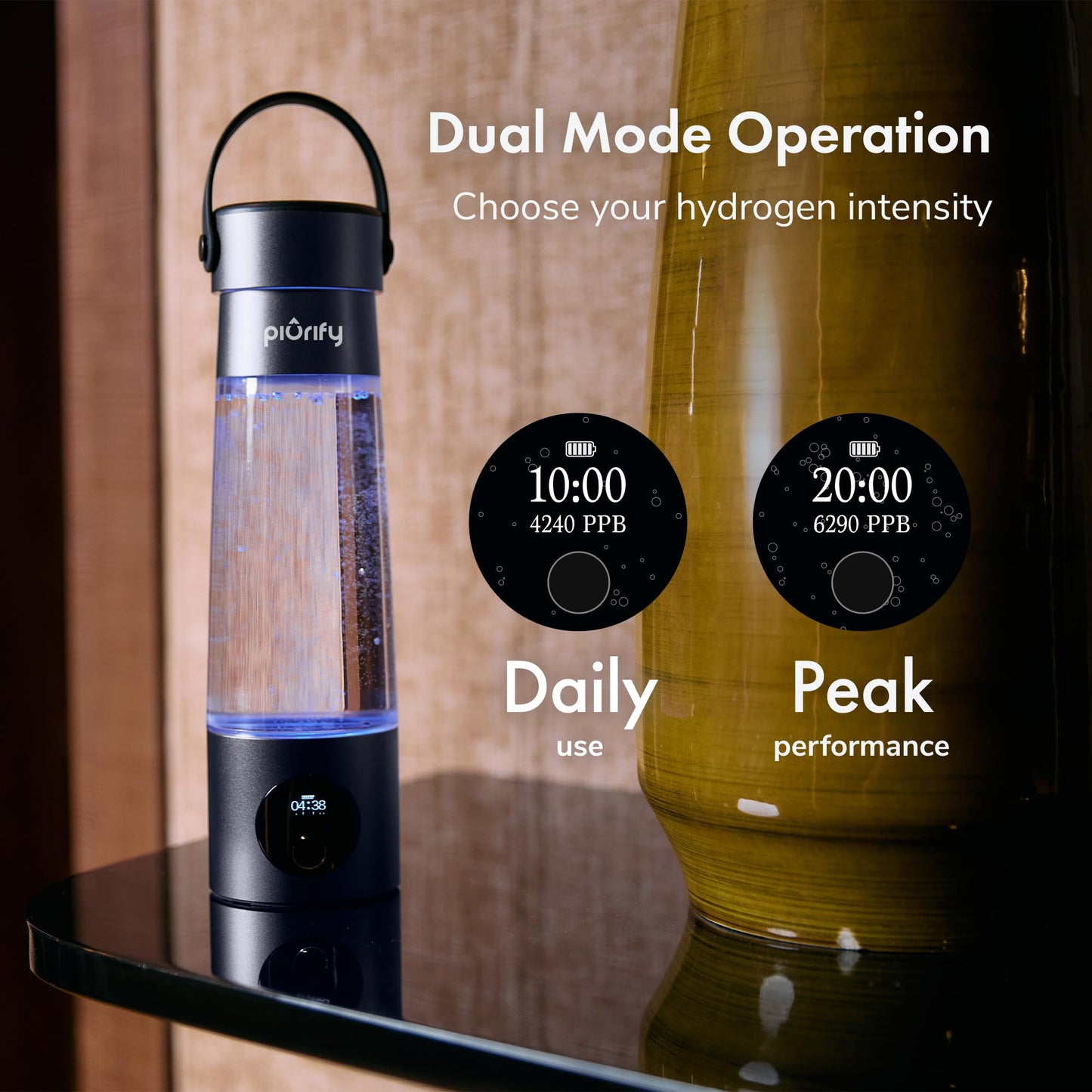 PIURIFY Hydrogen Water Bottle Generator | 17 OZ | UP TO 6,290 PPB H2 Molecular Hydrogen | SPE/PEM Electrolysis | Ergonomic Handle | Dual-Mode | 2200 mAh Battery | Certified by H2 Analytics | Dark Blue