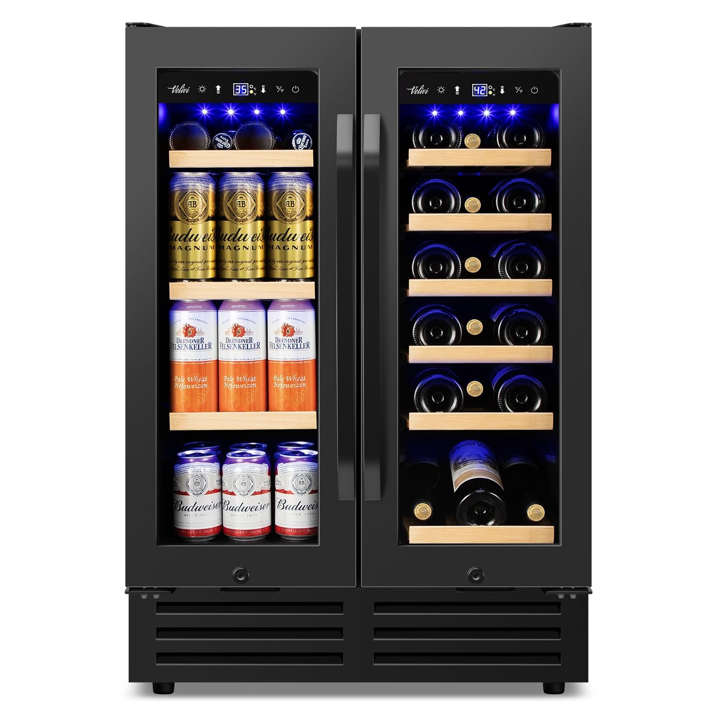 Velivi 24" Black Dual Zone Wine & Beverage Refrigerator | Under Counter Built-In or Freestanding | 18 Bottles & 68 Cans | Glass Door with Lock Large Capacity for Beer Wine Soda Drinks