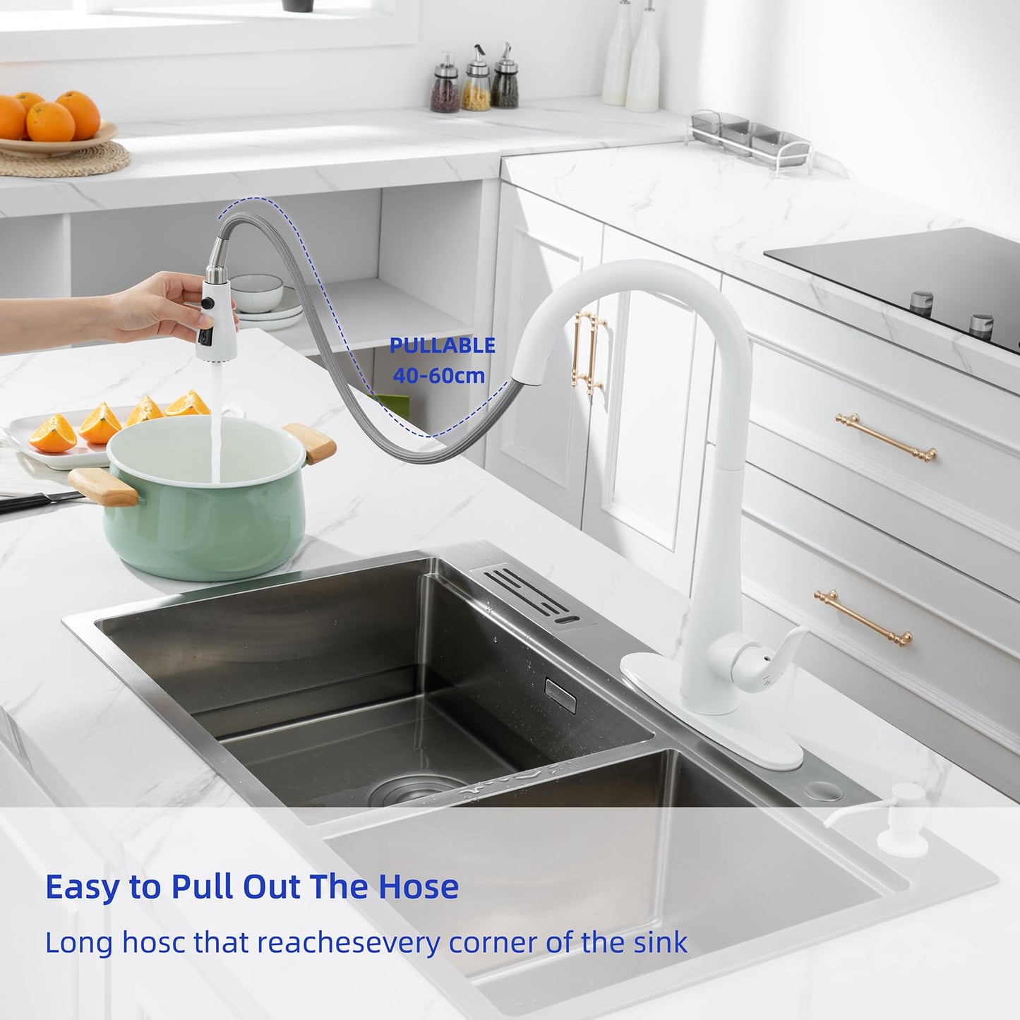 HGHGK Touch on Kitchen Faucet with Soap Dispenser and Pull Down Sprayer - Single Handle Kitchen Sink Faucet, 1 or 3 Hole Design for Modern Farmhouse Kitchens, Rv, and Bar Sinks (White)