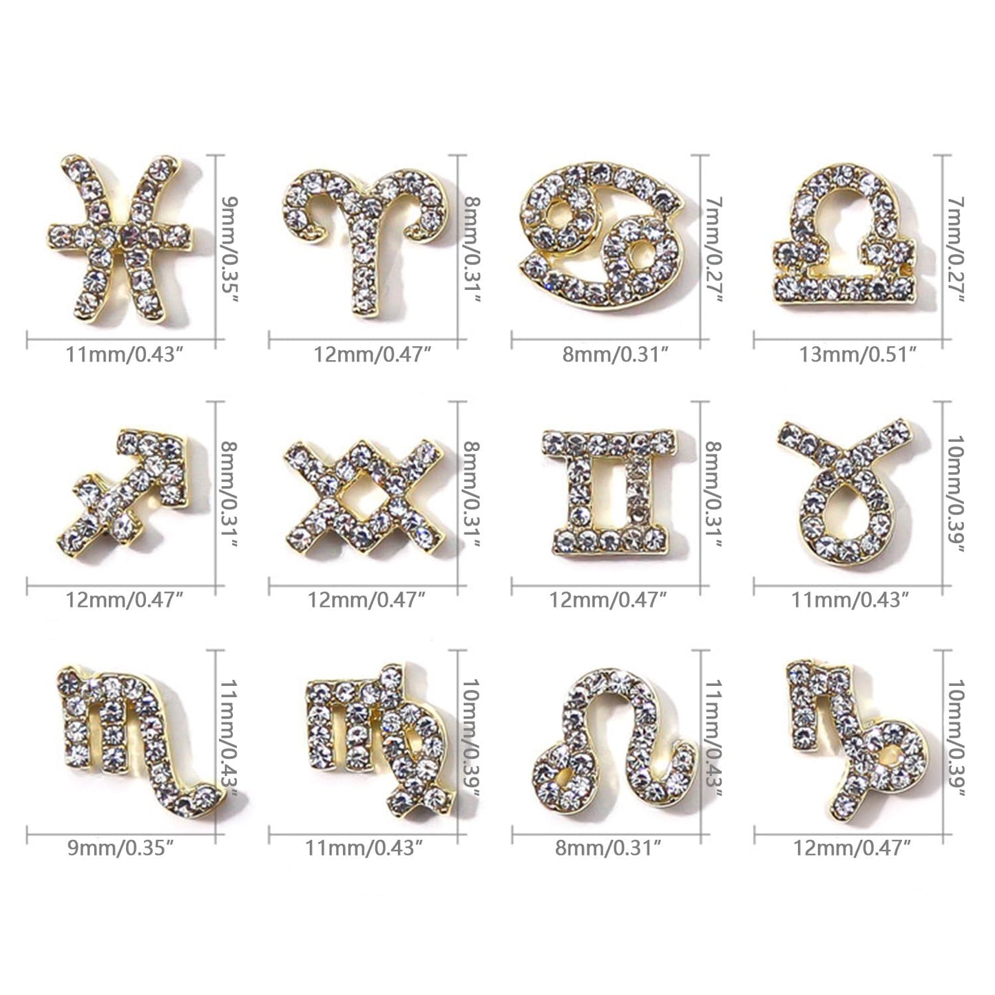 SILPECWEE 48pcs 3d Gold Nail Charms, 12 Zodiac Nail Charms, 10 Number Nail Charms, 26 Letter Nail Charms, Nail Studs Jewels Rhinestones Nail Art Decoration for Acrylic Nails