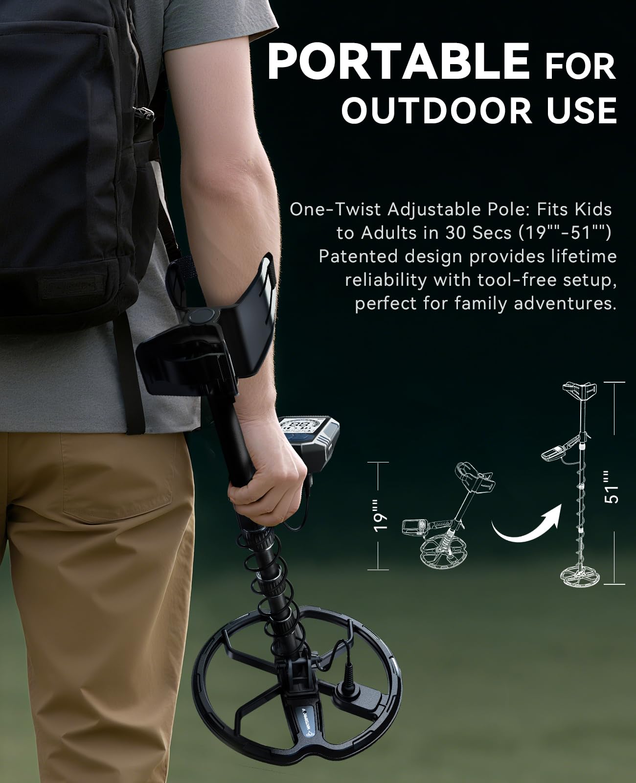 SUNPOW Rechargeable Metal Detector for Adults - 2500mah Lithium Battery for 35H Use - Waterproof Gold Detector with 10'' Deep Dual D-Coil, 4 Professional Modes, Sturdy Spiral Structure – OTMD15