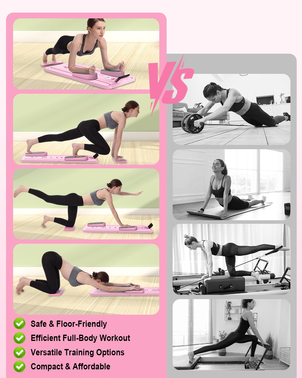 AMAZINGHOME Pro Foldable Pilates Board & Reformer Machine - Multifunctional Home Gym with Ergonomic Elbow Pads, Yoga Bar & Timer, 300lbs Capacity Core Workout Pilates Equipment (Pink)
