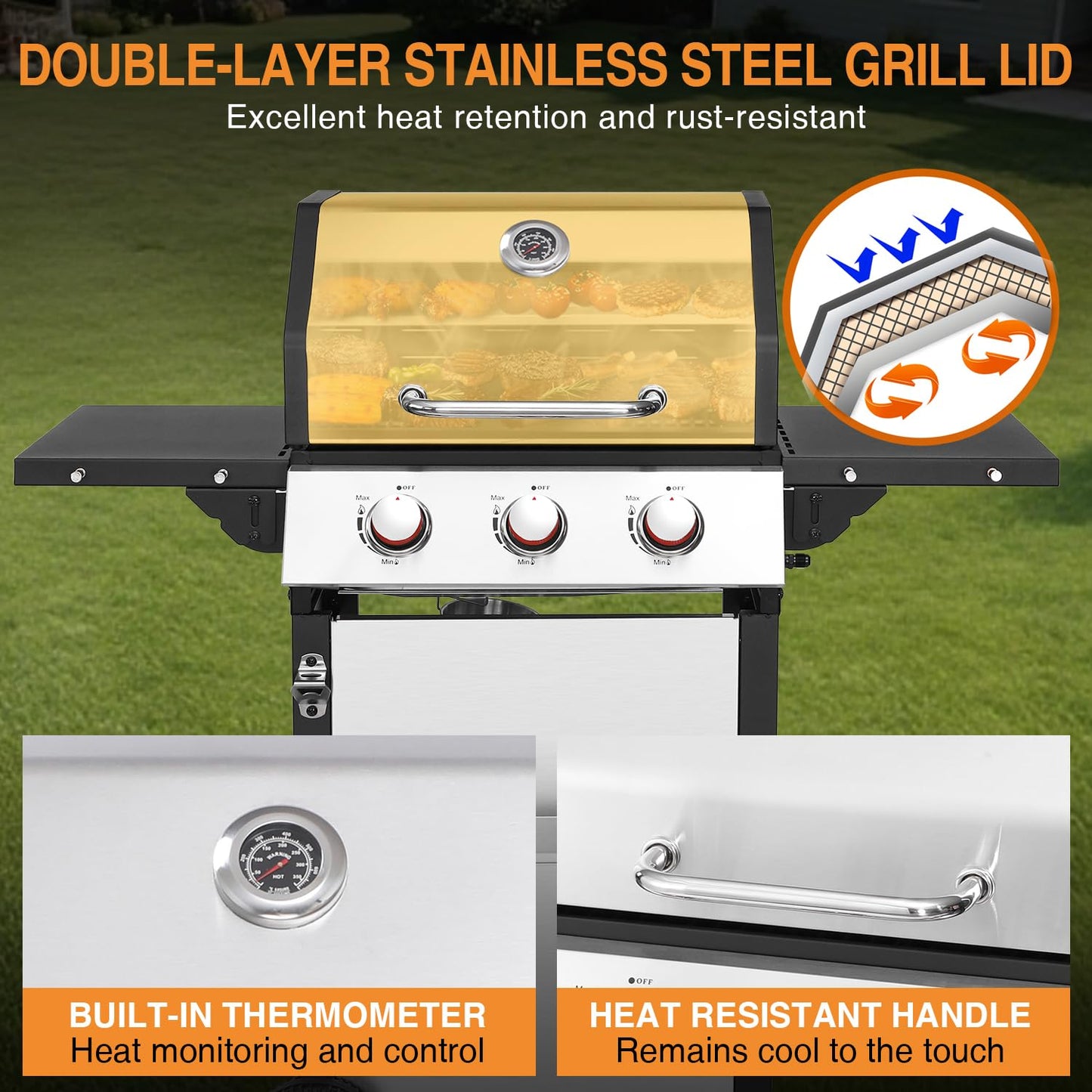 GRILL DEPOTS 3-Burner Propane Gas Grill with 2 Folding Sides, BBQ Grill with Wheels, Double-layer Stainless Steel Lid & Cast Iron Grates 30,000 BTU for Outdoor Backyard Patio