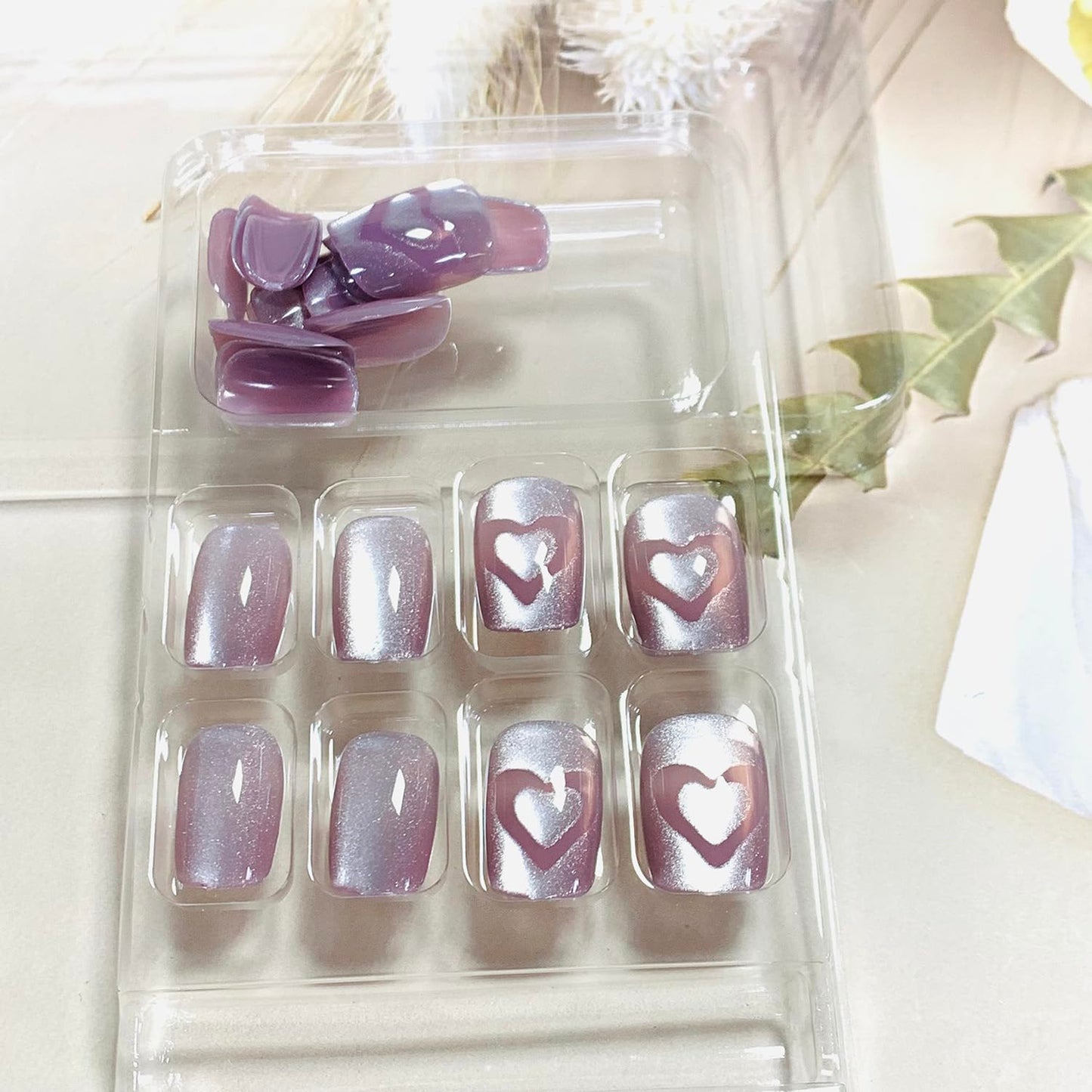 FIEONCIY Press on Nails Short Square Shaped Glossy Full Cover Acrylic Extra Short Square False Nails with Love Heart Designs Artificial Fake Nails Glue Stick ons Fingernails for Women Girls(MY021)