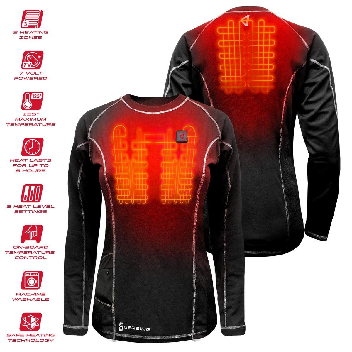 Gerbing 7V Battery Heated Shirt for Women Electric Heated Base Layer for Winter, Motorcycling, Camping, Skiing, Hunting Black XXL