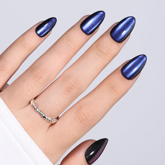 Blue Cat Eye Press On Nails Almond - Dark Blue Short Almond Fake Nails, Cateye Press On Nails Reusable Stick On Nails in 16 Sizes, 32pcs False Nail Kit for Women & Girls (Deep Ocean)
