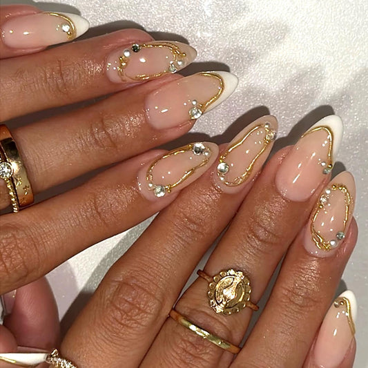 Mivota Soft Gel Press On Nails Almond Nude Pink, Luxury Gold Line Rhinestone Glue On Nails, Reusable Fake Nails Acrylic Look, 24PCS Bridal Wedding Press on Nails for Women
