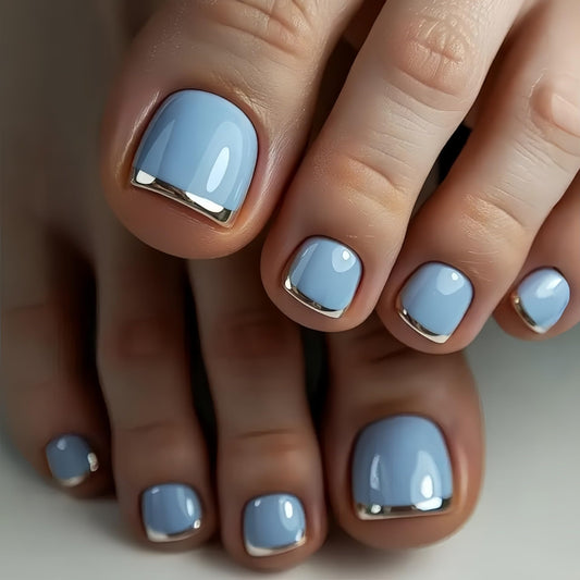 24Pcs Sliver French Tip Press on Toenails Summer Acrylic Toe Nail Press ons Short Square Fake Toenails Glossy Blue Toe Press on Nails Reusable Stick on Toenails for Women Nail Supplies
