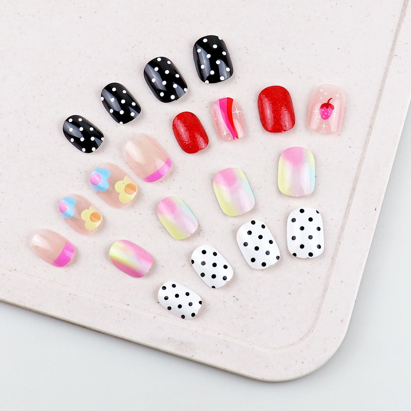 120 Pieces Fake Nails for Girls Black White Polka Dots Kid Nails Press on Pre-glue Children Artificial False Nails Short Oval Full Cover Acrylic Stick on Nail Tips Kit for Women