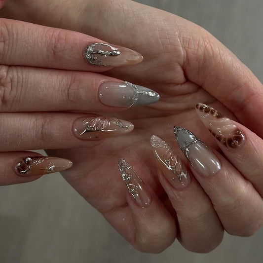 Almond Press on Nails Medium Fake Nails with 3D Water Ripples Butterflies Pearls Rhinestones Hearts Ombre Designs Glossy Glue on Nails Press ons Nude Full Cover Stick on Nails for Women 24Pcs