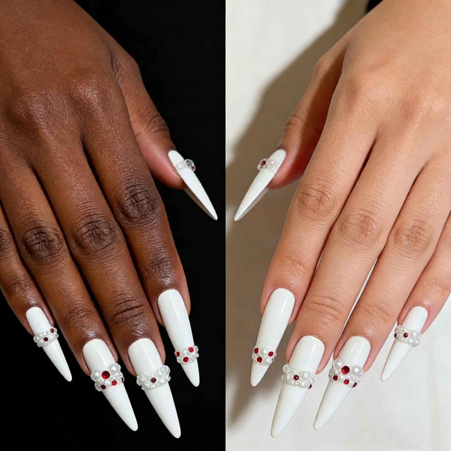 C.Z.Z.T.T.NAILS 24pcs Luxury Long Almond Press On Nails, White Fake Nails with Pearl&Red crystal Accents, Reusable Bridal Nail Art for Weddings, Parties & Special Occasions