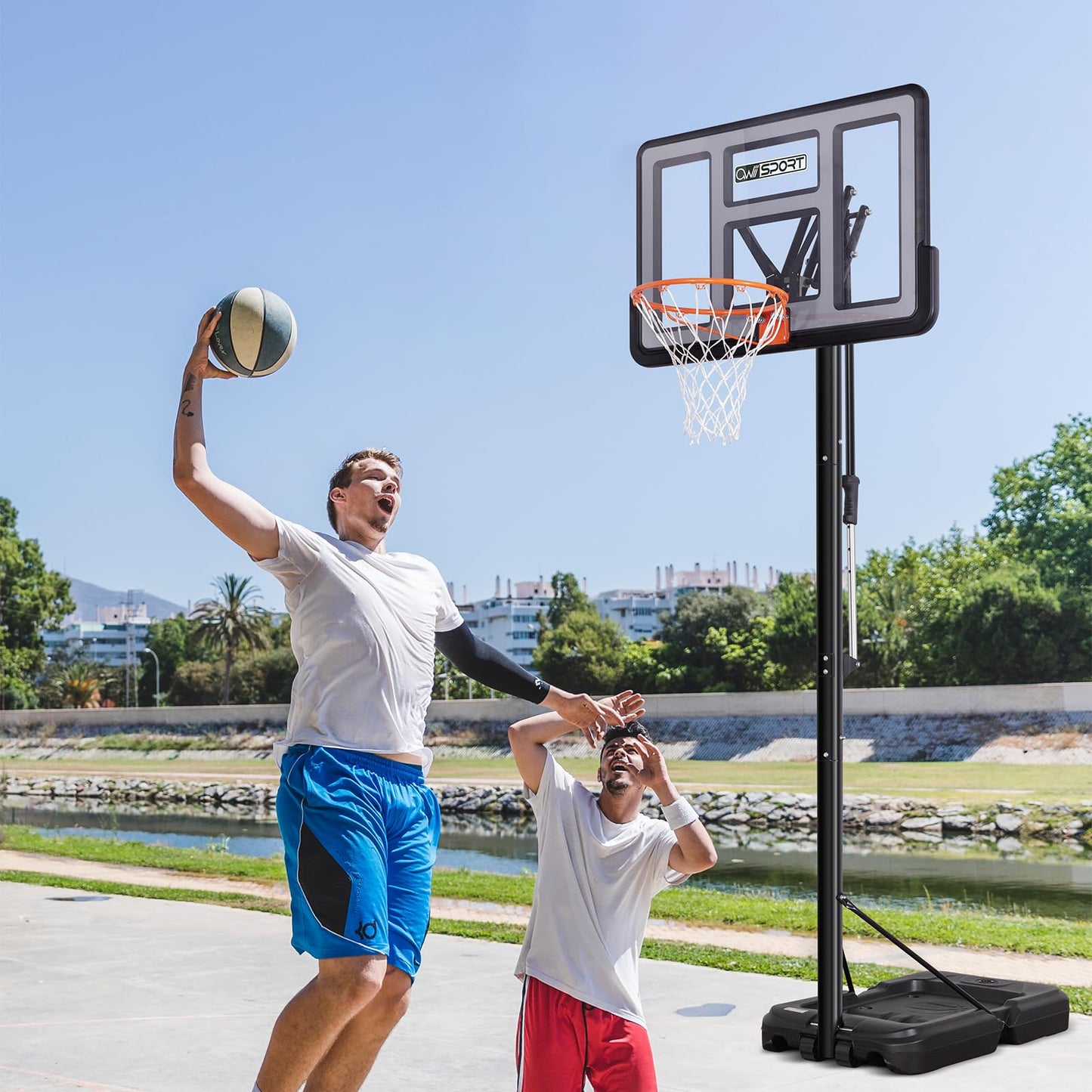AWII SPORT Basketball Hoop Outdoor Protable 40/44/48 Inch Impact Backboard, 4.8-10FT Height Adjustable Basketball Hoop Goal System with Wheels for Adults