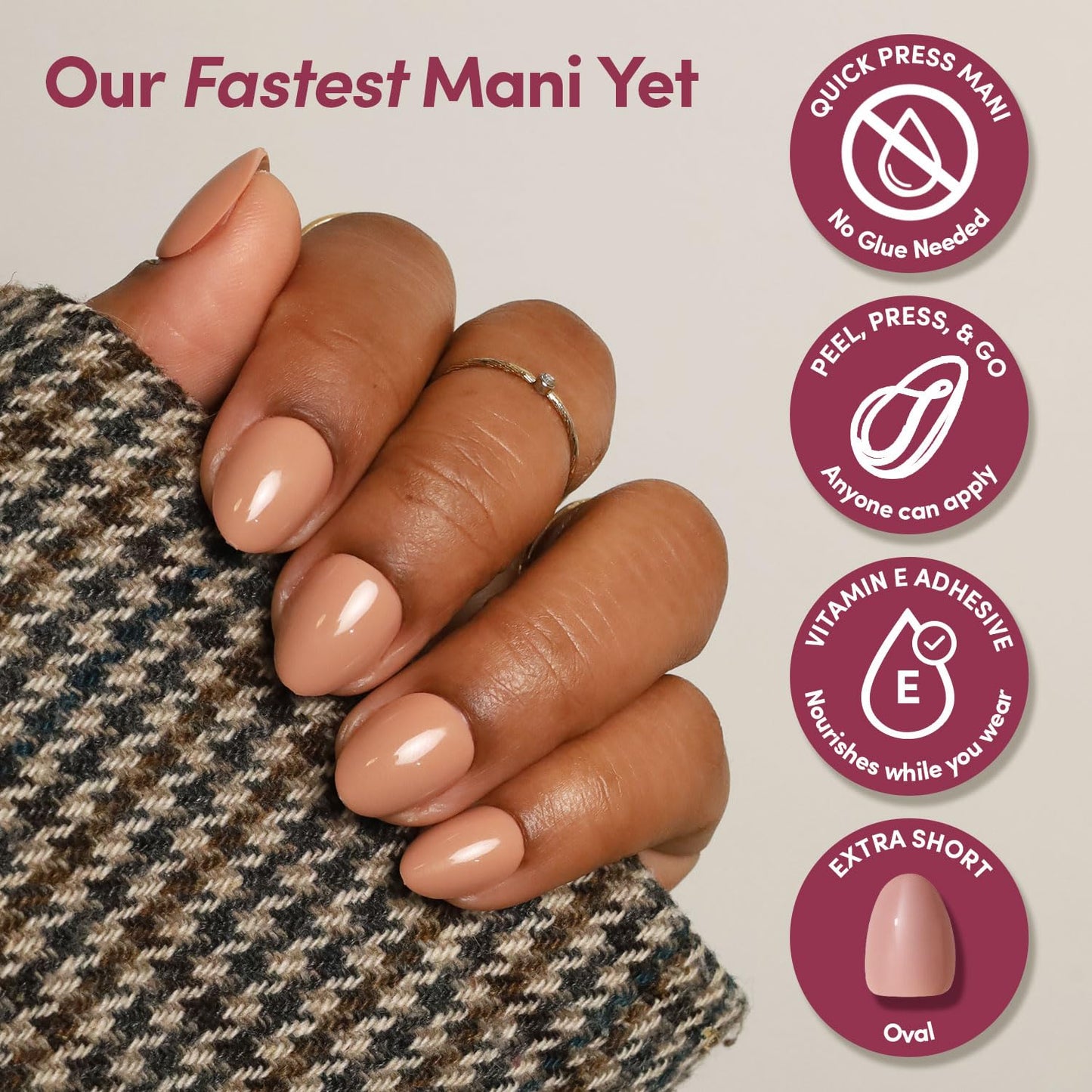Glamnetic Quick Press Mani - No Glue Press On Nails, Just Peel and Stick, Oval Extra Short Nails, Mess Free, Salon Quality Stick On Nails, Teddy | in 15 Sizes - 30 Nail Kit