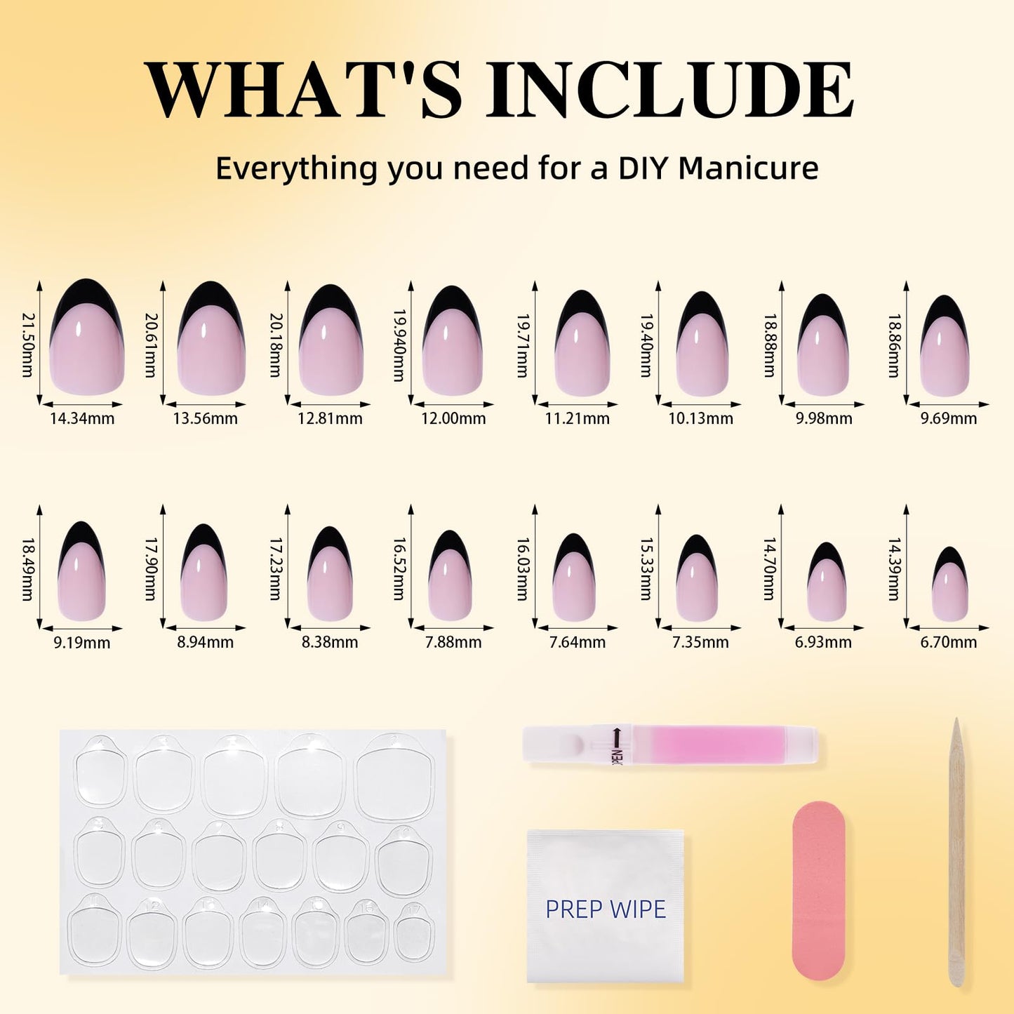 Leefrei Black French Tip Press On Nails Short Almond - Natural Fake Nails, Reusable Glue On Nails for Women, 16 Sizes 32 Pieces Nail Kit with Glue, Black French Tip - Almond