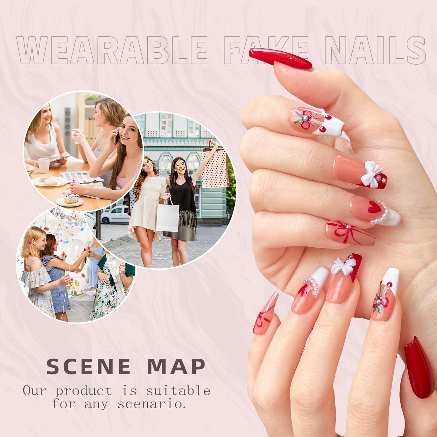 Luxury Handmade Press On Nails - Coffin 3D Bows & Cherry Pearls, French Red Reusable False Nails for Date Night & Spring Party, Salon-Grade Gel Acrylic Nail Art (M-10PCS)