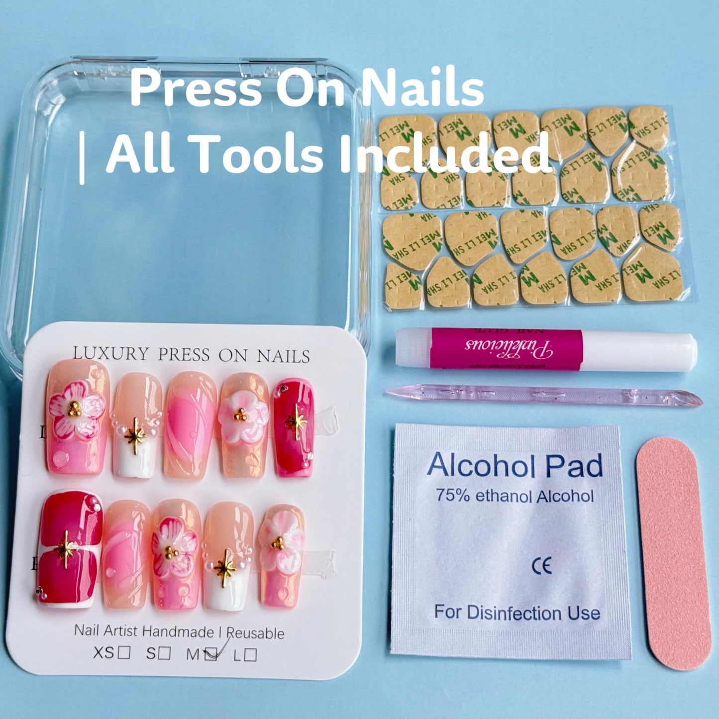 Haozerart Handmade Acrylic Press on Nails, Medium Square French Tip Fake Nails, Glossy Pink with 3D Floral & Pearl Design, Salon Quality Reusable Nails, 10Pcs (M Size)