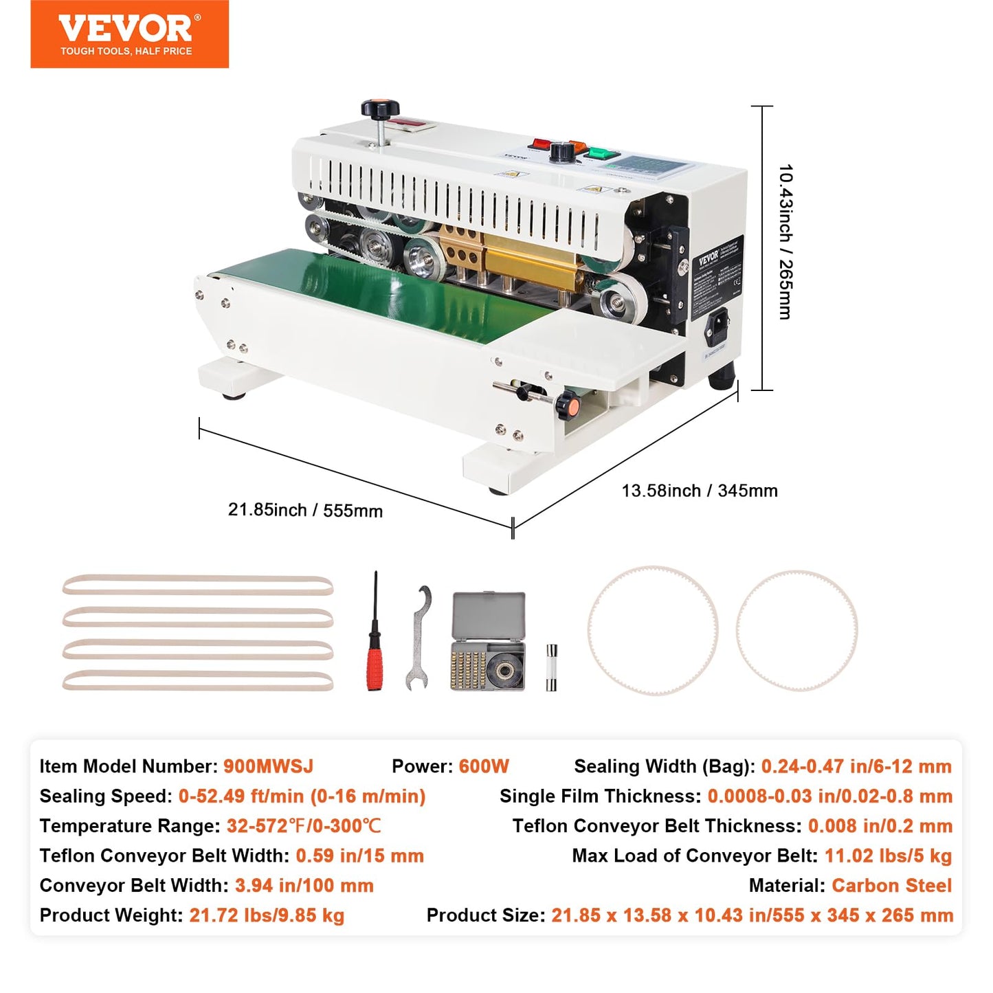 VEVOR Continuous Bag Band Sealing Machine FR900K Band Sealer Machine with Digital Temperature Control Horizontal Bag Sealer for 0.02-0.08 mm Plastic Bags Continuous Band Sealer w/Printing Function