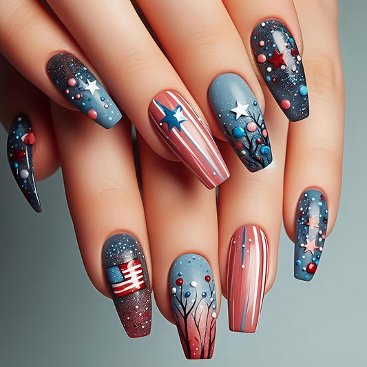 4th of July Press on Nails Ballet Shaped Artificial Fingernails US Flag Colorful Polka Dot Stars Glitter Fake Nails Medium Independence Day Stick on Glue on Acrylic Nail for Women Holiday Manicure