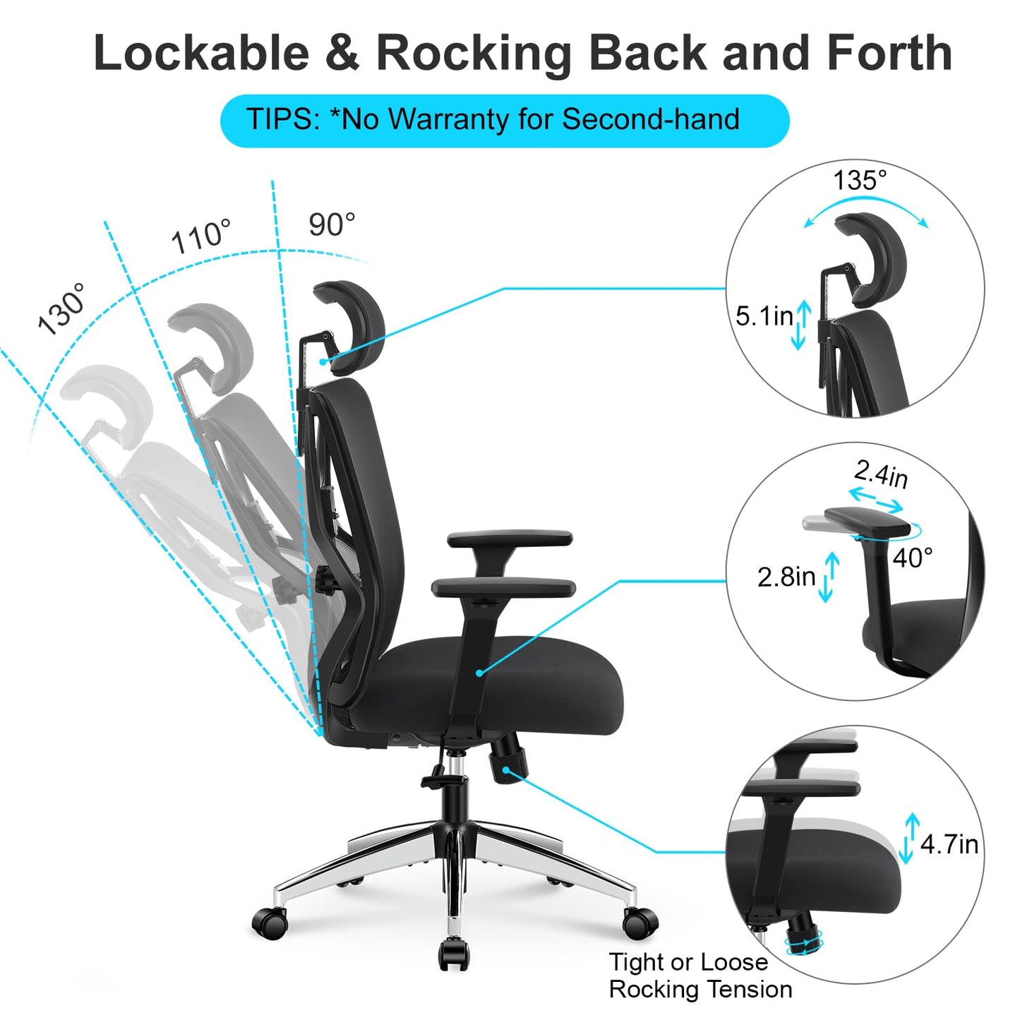 Ticova Ergonomic Office Chair - High Back Desk Chair with Adjustable Lumbar Support & 3D Armrest - 130°Reclining & Rocking Mesh ComputerChair with Thick Seat Cushion & Rotatable Headrest