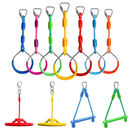Craft Ninja Warrior Obstacle Course Accessories Kids Outdoor Play - 7pc Rings, 2pc Swing Trapeze Wheels & 2pc Monkey Bars